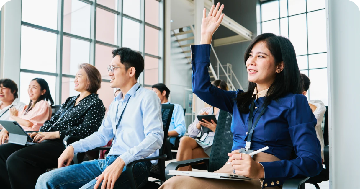 Woman participates in business meeting